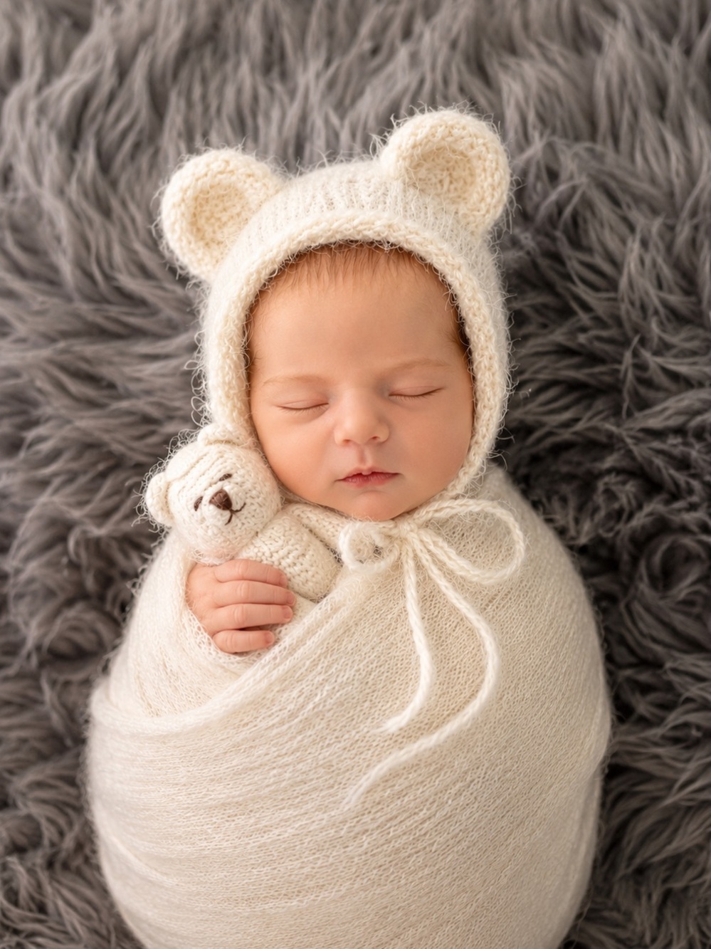 Hand Knit Newborn Bear Ear Bonnet Photo Prop
